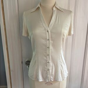 Express Silk Cream Fitted Button Down Shirt with Notched Collar